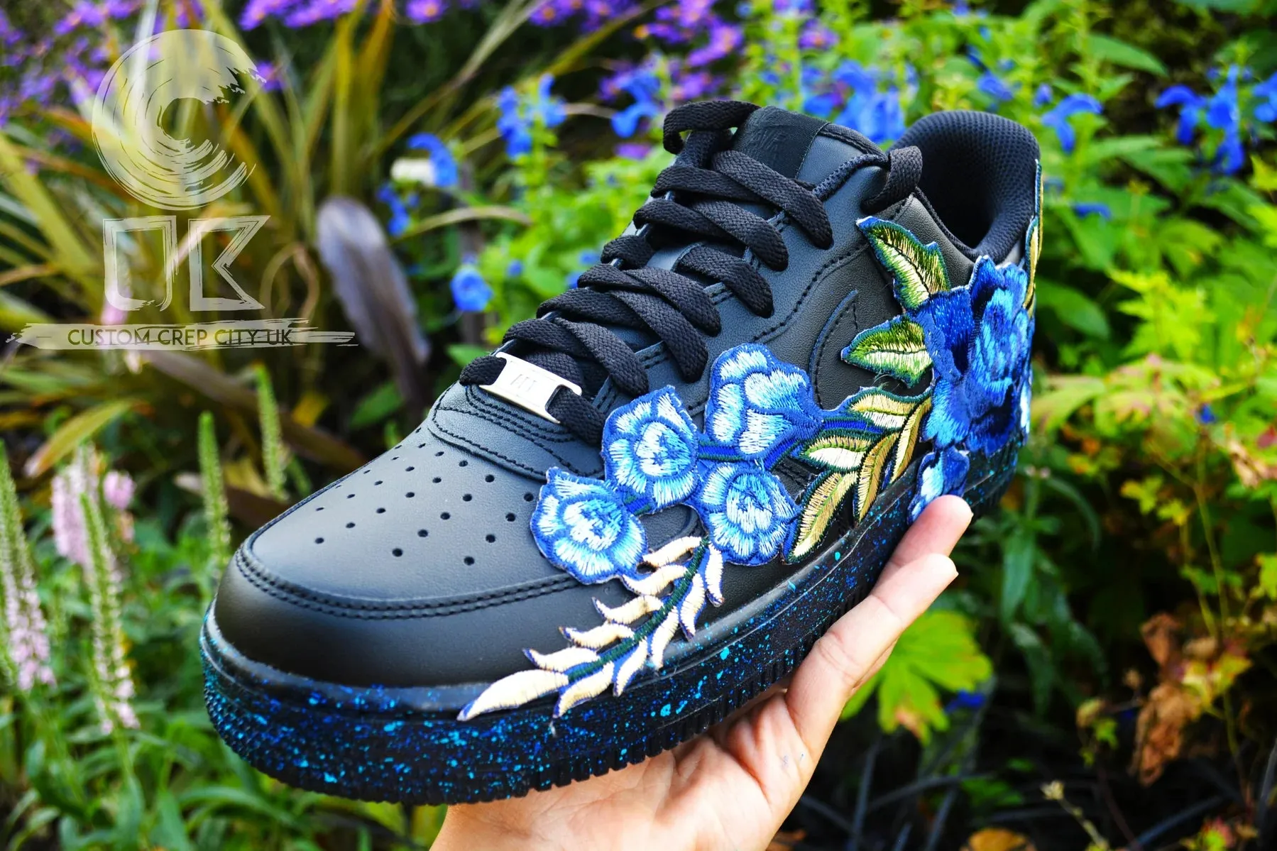ergonomic ?? Air Force 1 Custom Teal Rose Low Blue Flower Floral Black Splatter Shoes Mens Womens Kids Sizes AF1 Sneakers