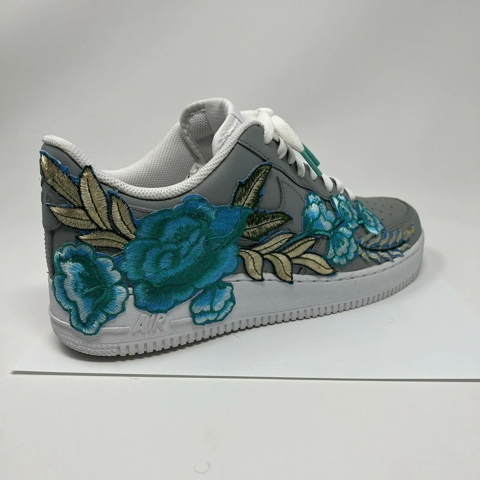 Craftsmanship Gold Tone ?? Air Force 1 Custom Teal Rose Low Flower Floral Gray White Shoes Mens Womens Kids Sizes AF1 Sneakers