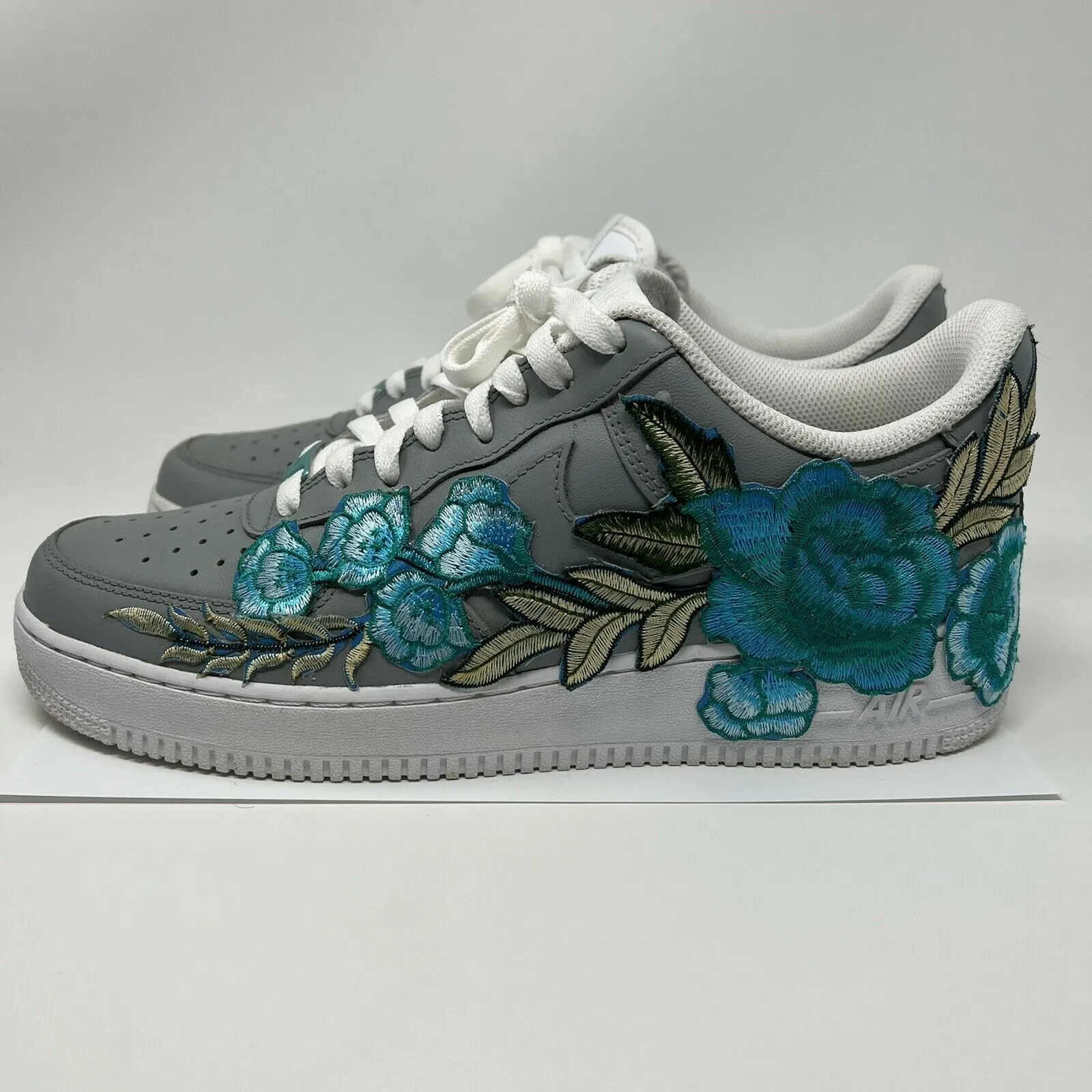 ?? Air Force 1 Custom Teal Rose Low Flower Floral Gray White Shoes Mens Womens Kids Sizes AF1 Sneakers Rubber Sole Heritage Line