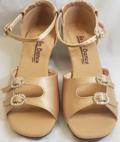 1.3" Mary -- Women's Thick Heel Latin Sandal -- Light Tan Satin Year long Indoor
