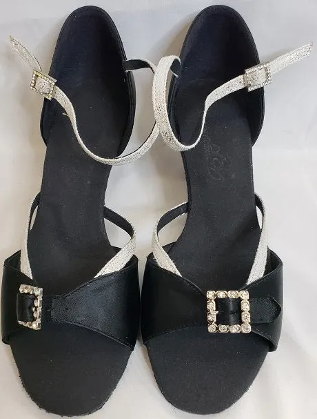 2.25" Elise -- Wide Heel Latin Sandal -- Black/Silver Quality Pair Quick