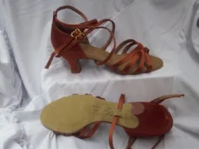 2.25" Ria -- Wide Heel Latin Sandal -- Dark Tan Satin Match All Tech Knit