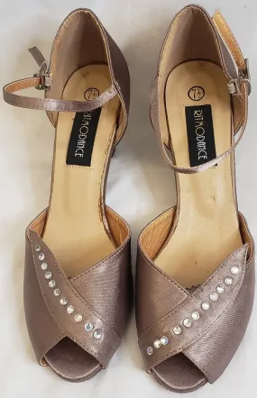 2.38" Anara - Closed Back/Open Toe Ballroom Shoe - Bronze Satin Fresh Drop Gloss Finish