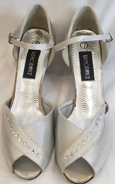 Sky Light 2.38" Anara - Closed Back/Open Toe Ballroom Shoe -- Silver Satin