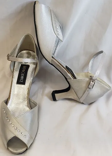 Business Mode 2.38" Anara - Closed Back/Open Toe Ballroom Shoe -- Silver Satin