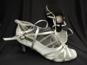 On Trend 2.38" Brandy -- Flare Heel Latin Sandal -- Silver Satin