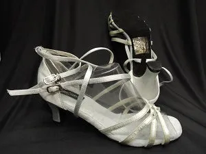 2.38" Brandy -- Flare Heel Latin Sandal -- Silver Satin Forest Mood Fight Mode