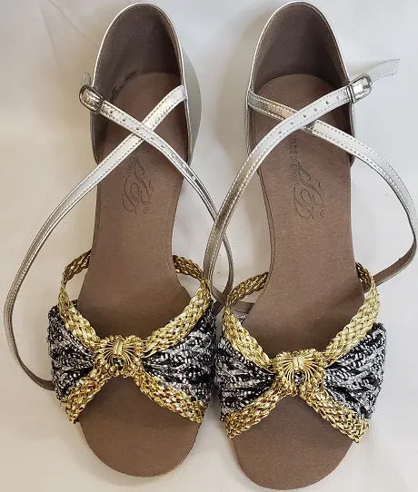 2.5" Amara -- Flare Heel Latin Sandal -- Silver/Gold Power Base