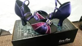 2.5" Blanche -- Wide Heel Latin Sandal -- Purple Satin/Purple Glitter Heat Mode