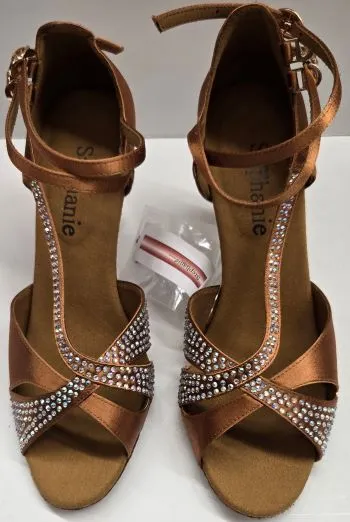 School Day 2.5" Dominique -- Women's Gold Flare Heel Latin Sandal -- Dark Tan Satin/Gold Heel