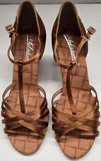 2.5" Ebba II -- Women's Latin Sandal -- Dark Tan Satin Teen Edge Trend Glow