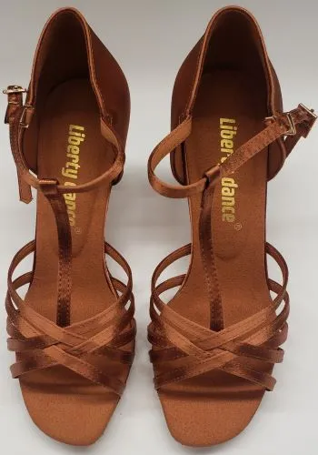 2.5" Ebba -- Women's Latin Sandal -- Dark Tan Satin Soft Land Firm Edge