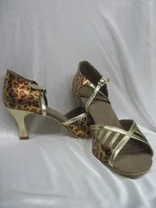 2.5" Flor -- Flare Heel Latin Sandal -- Leopard/Gold Indoor Comfort Fit