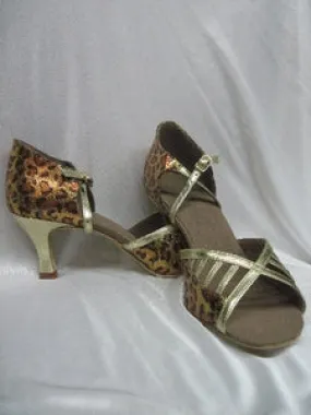 2.5" Flor -- Flare Heel Latin Sandal -- Leopard/Gold Indoor Comfort Fit
