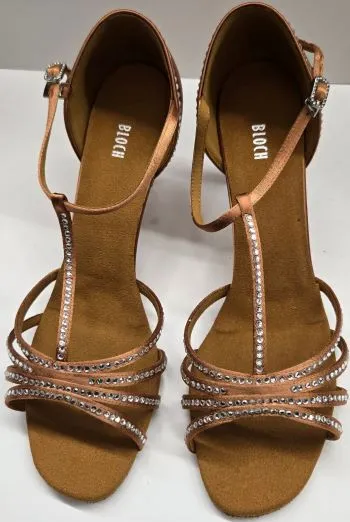 Story Glow 2.5" Guilia -- Flare Heel Latin Sandal with Rhinestones -- Dark Tan Satin