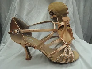 Padded collar 2.5" Hope -- Flare Heel Latin Sandal with Rhinestones -- Tan Satin