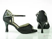 Ankle Support 2.5" Katie -- Flare Heel Latin Sandal -- Black Foil Crepe/Black Patent PU with Black Patent Heel
