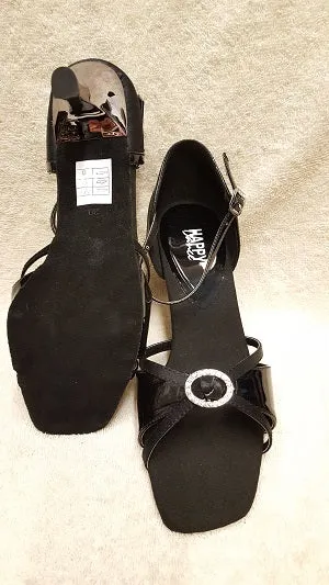 2.5" Savannah -- Flare Heel Latin Sandal -- Black Satin/ & Black Patent/Dark Silver Heel Moisture wicking