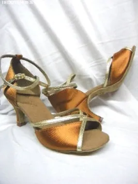 2.5" Shantal -- Flare Heel Latin Sandal -- Dark Tan Satin/Gold Trim Sand Move