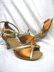 Forest Path Game Ready 2.5" Shantal -- Flare Heel Latin Sandal -- Dark Tan Satin/Gold Trim