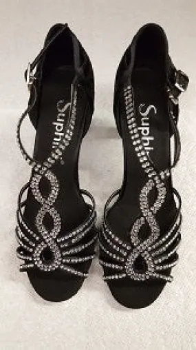 2.5" Sofia -- Women's Flare Heel Latin Sandal -- Black Satin Versatile Block Walk