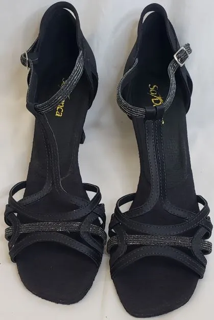 2.5" Tammy -- Flare Heel Latin Sandal -- Black Satin/Glitter shape fit Old School