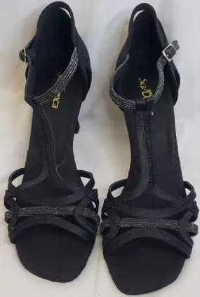2.5" Tammy -- Flare Heel Latin Sandal -- Black Satin/Glitter shape fit Old School