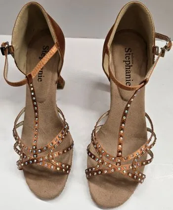 Club Night 2.75" Norma -- Women's Flare Heel Latin Sandal -- Dark Tan Satin