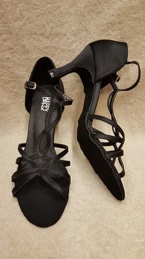 2.75" Rihanna - Flare Heel Latin Sandal -- Black Satin Sand Move