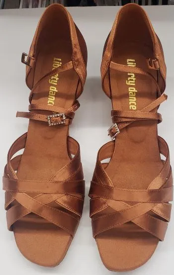 2" Aida -- Women's Latin Sandal -- Tan Satin Camera Look