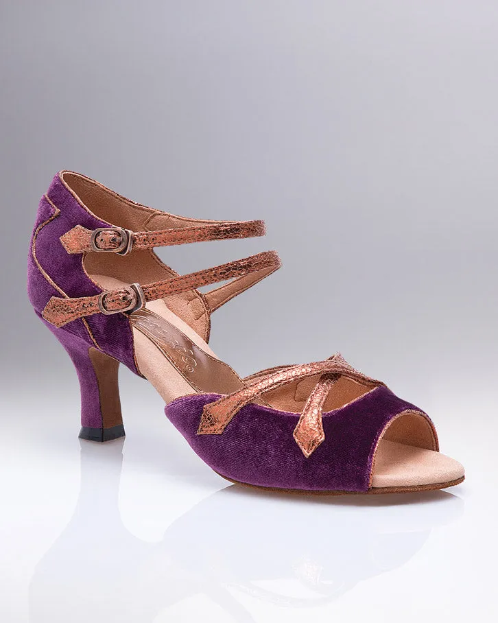 2" Constance -- Flare Heel Latin Sandal -- Purple Velvet/Bronze Trim Quality