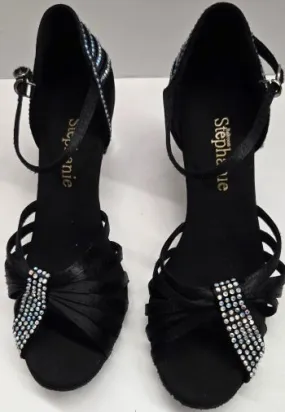 2" Sabrina -- Women's Silver Flare Heel Latin Sandal -- Black Satin Rain Safe