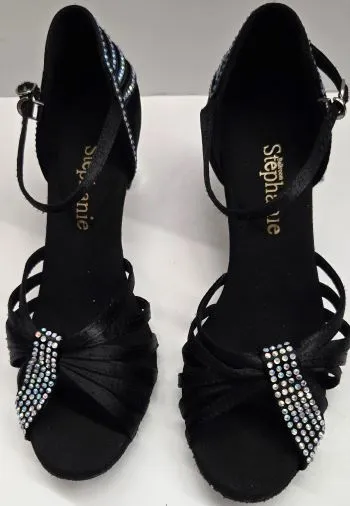 2" Sabrina -- Women's Silver Flare Heel Latin Sandal -- Black Satin Heat Mode