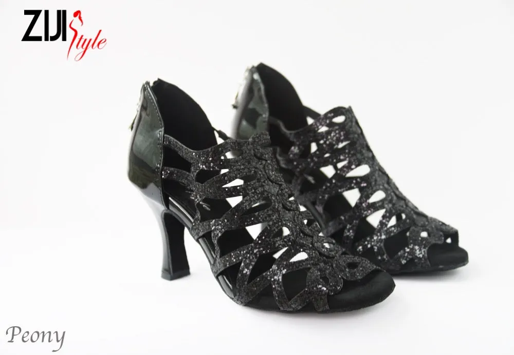 3.25" Peony -- Women's Latin Sandal -- Black Sequins Zip Up Style Goal