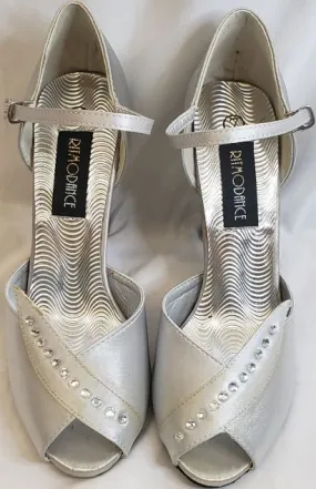 3.38" Hilda -- Closed Back/Open Toe Ballroom Shoe -- Silver Satin Sky View