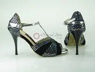 3.5" Inez -- Ultra Slim Heel Latin Sandal -- Black/Silver Dot & Black Suede Denim Cool Urban Chill