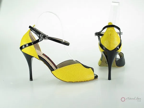 Fire Red Comfort footbed 3.5" Irene -- Ultra Slim Heel Latin Sandal -- Yellow/ Black Snake Paint PU with Black Patent Heel