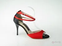 Anytime Go Durable Build 3.5" Juanita -- Ultra Slim Heel Latin Sandal -- Red & Black Satin with Black Patent Heel