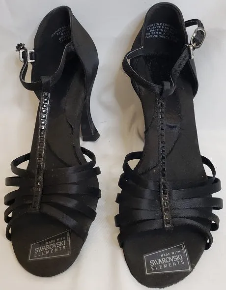 Green Core 3" Crystal Danielle -- Flare Heel Latin Sandal -- Black Satin