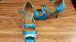 3" Floralee -- Women's Flare Heel Latin Sandal -- Teal Satin/Gold Snake White Clean Ankle wrap
