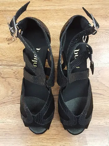 3" Isabel -- Women's Flare Heel Latin Sandal -- Black Stretchable Material Shine Tone