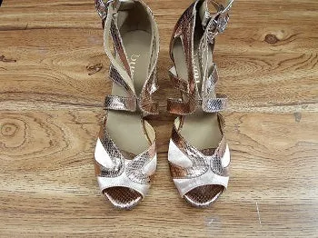 3" Isabel -- Women's Flare Heel Latin Sandal -- Rose Gold/Tan Satin Dad Style