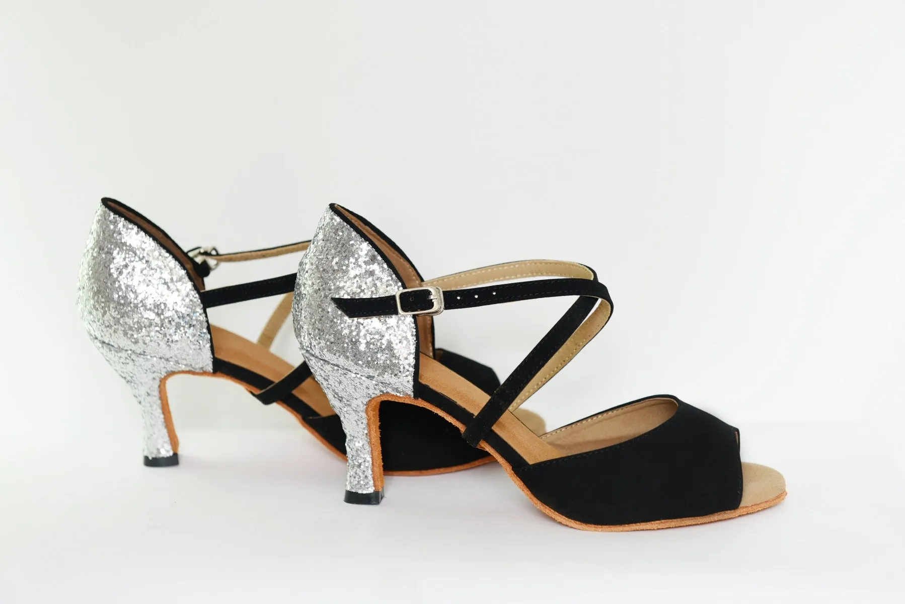 Shock Resistant 3" Jasmine -- Women's Latin Sandal -- Black Suedine/Silver Glitter