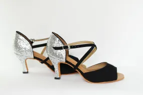 Shock Resistant 3" Jasmine -- Women's Latin Sandal -- Black Suedine/Silver Glitter