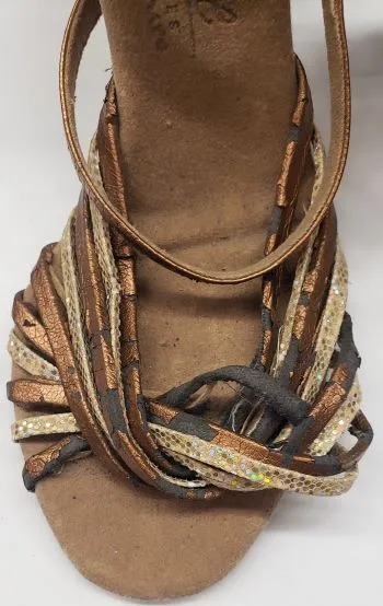 Toe Guard 3" Jessica -- Flare Heel Latin Sandal -- Gold Scale/Dark Tan