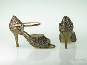 Global Cool Comfortable Design 3" Lana -- Slim Heel Latin Sandal -- Brown Net Glitter & Bronze Embossed PU