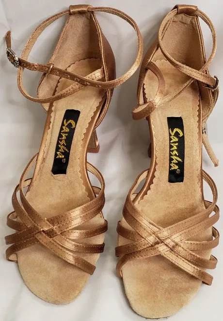 3" Leanne -- Flare Heel Latin Sandal -- Gold Satin Foot Support Peace Step