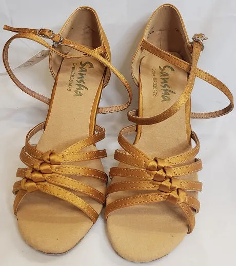 velcro Elastic laces 3" Lena -- Flare Heel Latin Sandal -- Tan Satin