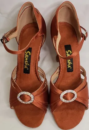 3" Margarita -- Flare Heel Latin Sandal -- Dark Tan Satin velcro