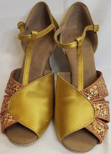 Low Top Sun Glow 3" Maureen -- Flare Heel Latin Sandal -- Tan Satin/Dark Tan Glitter